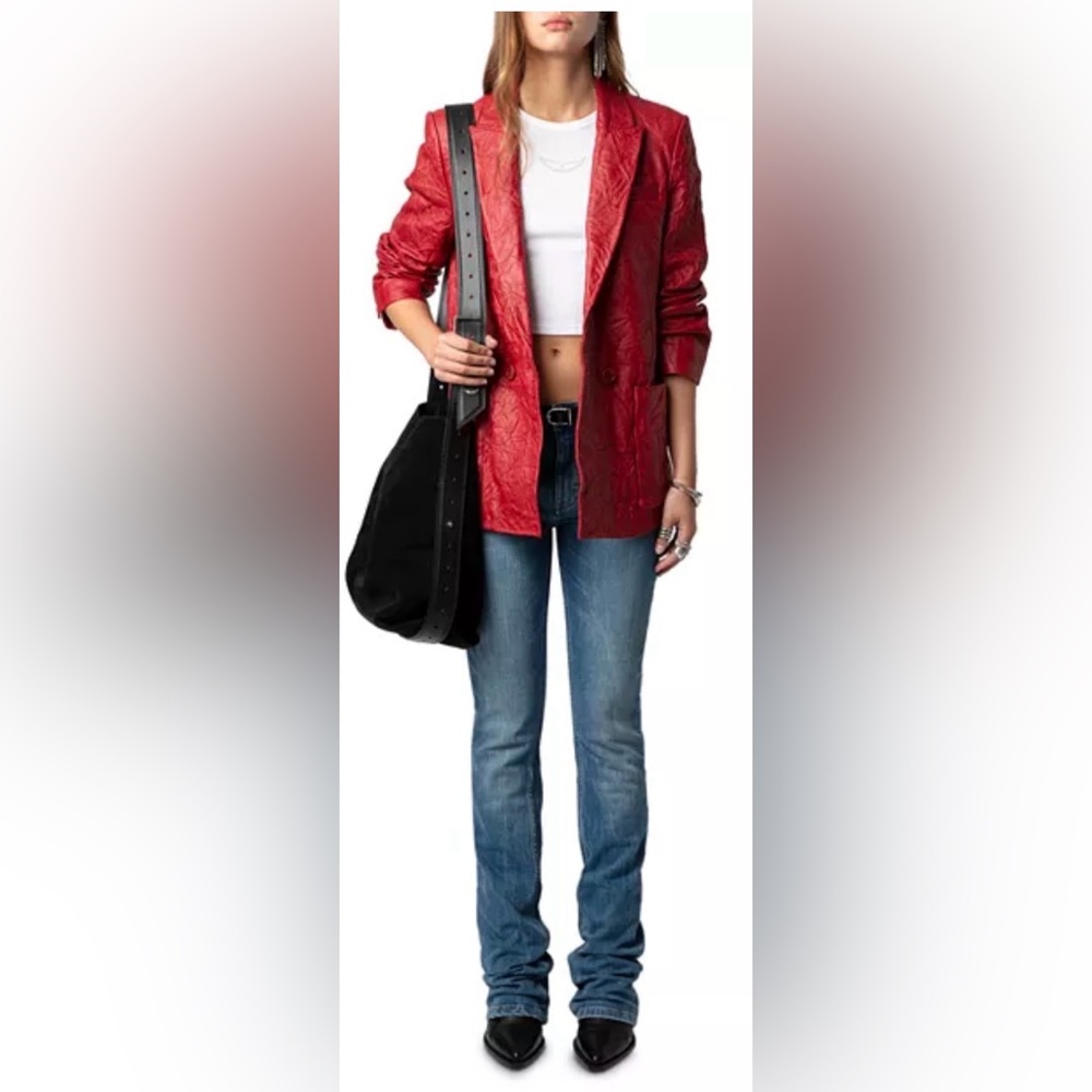 Zadig & Voltaire Visko Cuir Froisse Leather Blazer-Crimson | NWT